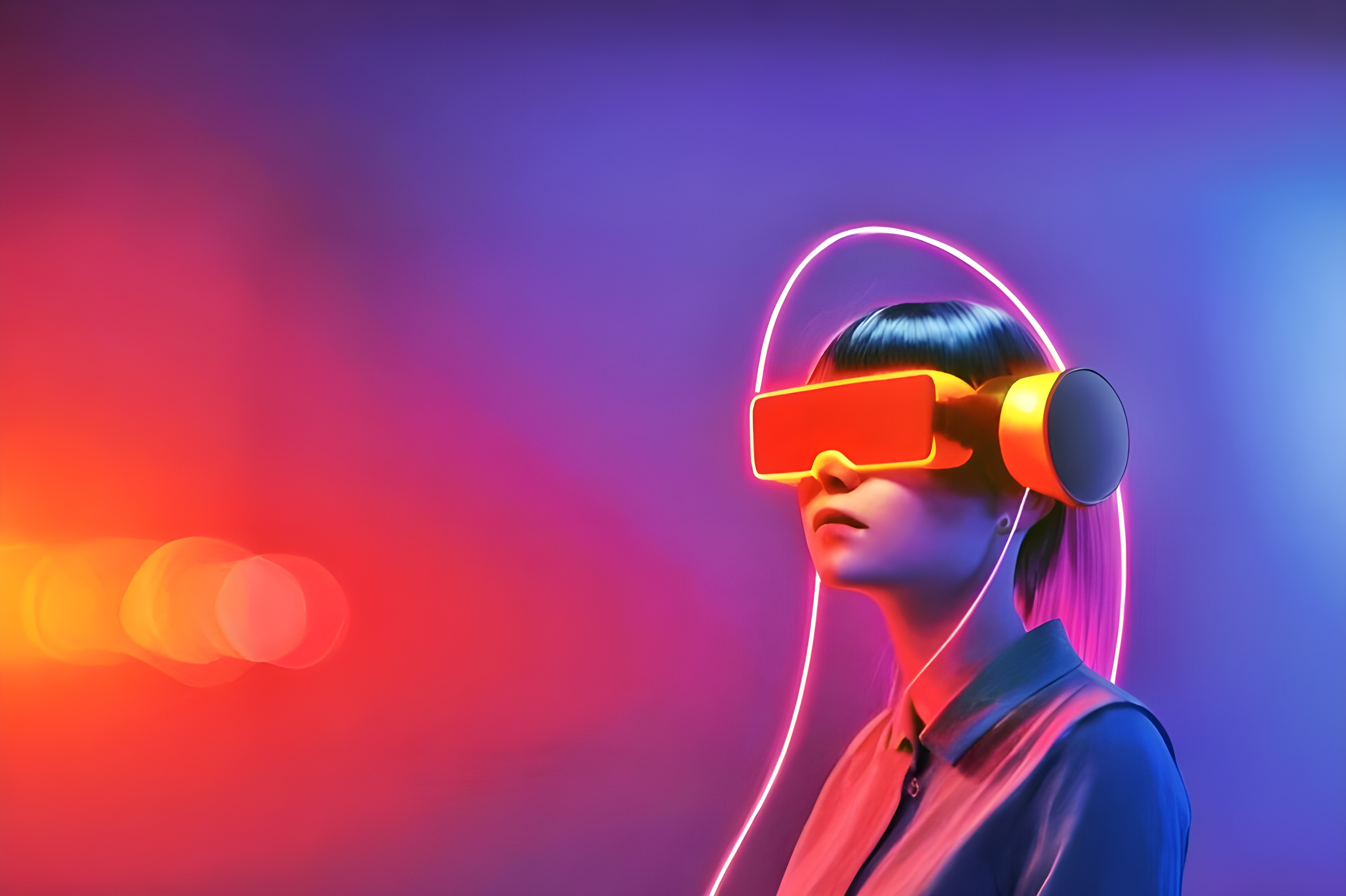 Person wearing VR headset with neon lighting